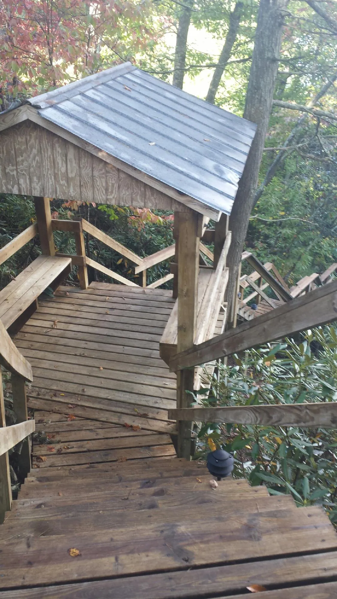 Metal roofed shelter over wooden steps on a wooded walkway — Skylight Repair & Installation work by our crew in Boligee